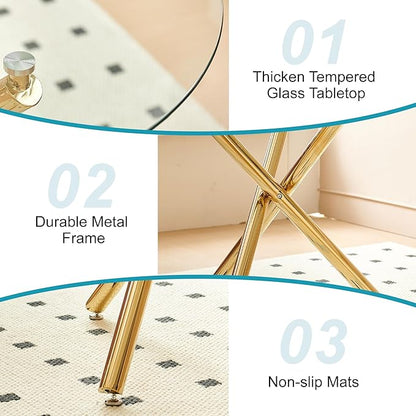 Kitchen Table Classic Dining Table for 4 Round Glass Dining Table 35.4" Kitchen & Dining Room Tables with Metal Legs and Glass Tabletop for Dining Room and Apartment, Golden