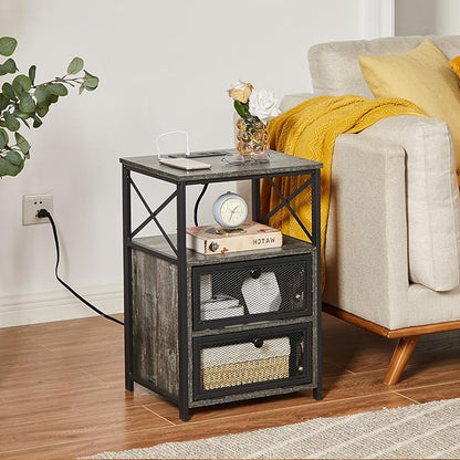 VECELO Oak Gray End Table with USB Ports and Outlets,24 Inch Nightstands with Charging Station and Storage Shelf for Bedroom,Living Room, 1 Set