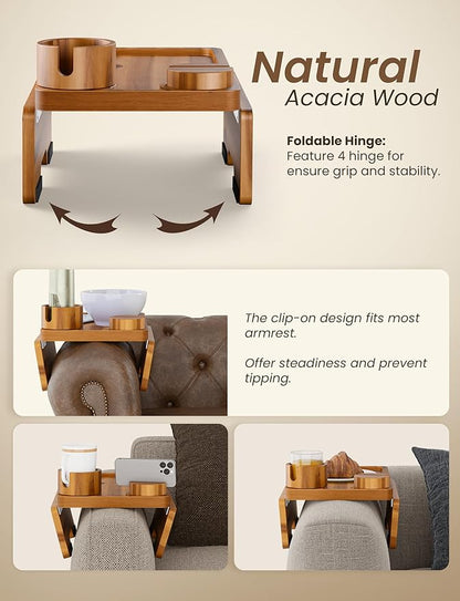 Holana 15.74" x 9.8" Couch Arm Table with Phone + Cup Holder 3 in 1 – Large Wooden Sofa Armest Tray – Double Hinge Sofa Arm Tray Table Clip - Wooden Side Tables for Eating and Drink (Acacia Wood)