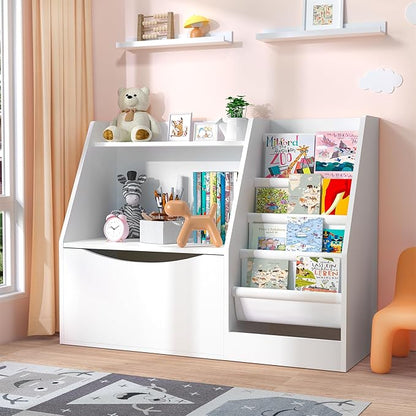 TOETOL 2 Tier Kids Bookshelf and Book Storage，4 Sling Toddler Bookshelf, Storage Boxes Book Shelf & Organizer for Nursery Playroom Classroom Library Bedroom White
