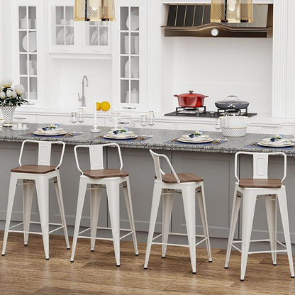 26 Inch Swivel Bar Stools Set of 4 with Backs Counter Height Industrial Metal Barstools Island Bar Chairs for Home Kitchen Dining Room (Swivel 26 inch, White Wooden)