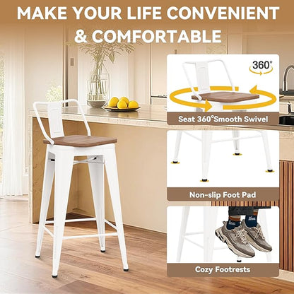 26 Inch Swivel Bar Stools Set of 4 with Backs Counter Height Industrial Metal Barstools Island Bar Chairs for Home Kitchen Dining Room (Swivel 26 inch, White Wooden)