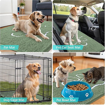 OLANLY Door Mat for Muddy Dog Paws 30x20, Absorbent Chenille Doormat with Paw Print Design, Non-Slip Washable Doormat for Indoor Entryway, Quick-Dry Pet Bed Mats for Dirty Dogs, Olive Green and White