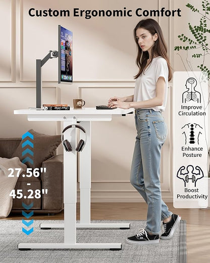 Okin Small Electric Standing Desk, 36" x 24" Whole Piece Height Adjustable Desk, White Sit to Stand Computer Workstation with Wheels for Home Office
