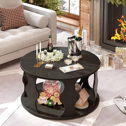 HSH Black Round Coffee Table, Modern Wood Circle Center Table for Living Room, Unique Rustic Wooden Circular Coffee Table with Storage, 2-Tier Accent Cocktail Tea Tables in Small Room, 31.5 in, Oak