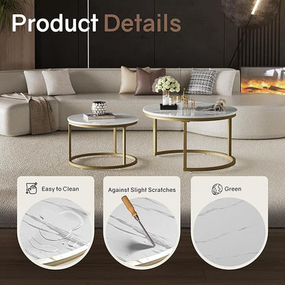 Nesting Tables Set of 2, 31.5" Round Coffee Table, Small Nesting Coffee Table with Adjustable Non-Slip Fee, White Marble Top Stack Nesting Tables Set of 2 for Living Room, Bedroom (White)