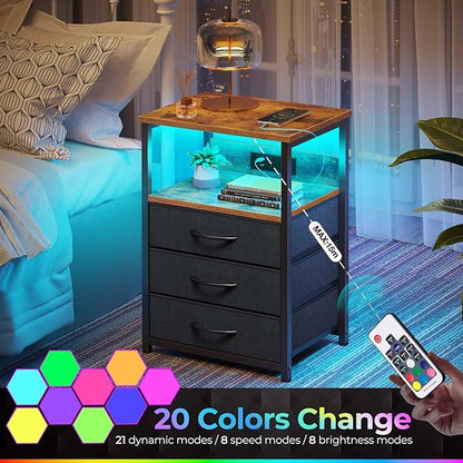 Seventable Nightstand with Charging Station and LED Light, Side Table with 3 Fabric Drawers, Bedside End Table with USB Ports and Outlets, Night Stand for Bedroom, Rustic Brown