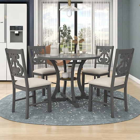 Merax 5 Piece Round Dining Table Set 4 Retro Chairs with Special-Shaped Table Legs, Exquisitely Designed Hollow Chair Back for Dining Room, Gray