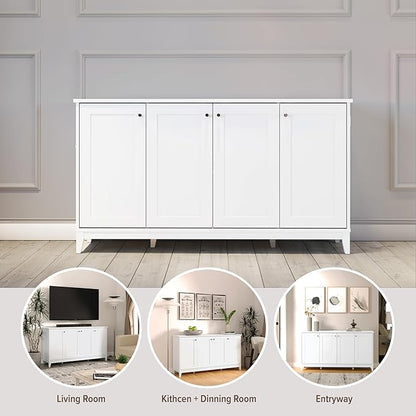 Prepac Yaletown 4 Panel Door Console Table with Storage, White Storage Cabinet with Doors and Shelves, Sideboard Storage Cabinet 60" W x 32" H x 16" D, WCBG-2220-1