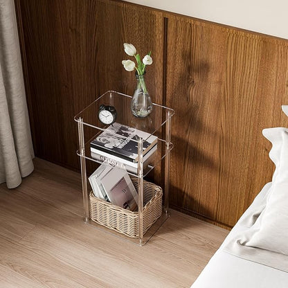 HMYHUM Acrylic Side Table for Small Spaces, 14" L x 11.5" W x 23.2" H, Nightstand/Bedside Table, Home Accent End Table for Living Room, Bedroom, 3 Tier, Clear