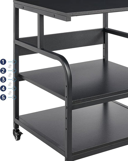25.6" x 23.6" Extra Large Printer Stand Table with Adjustable Storage Shelf, 3 Tier Rolling Printer Cart with Industrial Wheels for Home Office, Black
