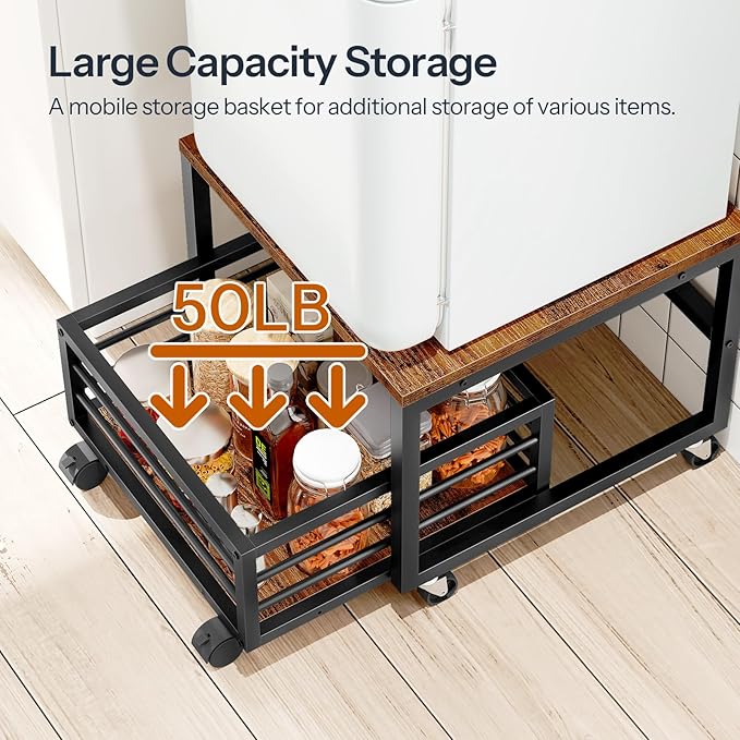 HOOBRO Mini Fridge Stand with Movable Storage Basket, Mini Fridge Cabinet with Wheels and Adjustable Feet, Sturdy Metal Frame, for Home, Apartment,Office, Dorm, Rustic Brown and Black BF155TL01
