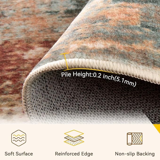 Washable Area Rugs 8ft Non-Slip Modern Abstract Soft for Living Room Entryway Bedroom Nursery, Print Pattern, Brown Rust Red Multi