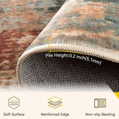 Washable Area Rugs 9'x12' Non-Slip Modern Abstract Soft for Living Room Entryway Bedroom Nursery, Print Pattern, Brown Rust Red Multi
