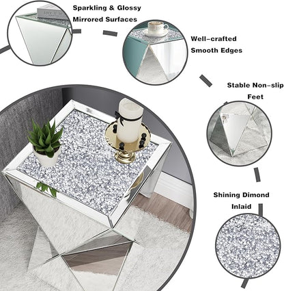 ENENE Mirrored Diamond Setting End Table Glass Decorative Side Table for Living Room Small Spaces Coffee Table Modern Pedestal Accent Table for Bedroom Office Hallway Entryway