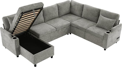 Eafurn Oversized U Shaped Sectional Sleeper Sofabed Pull Out Couch Bed for Living Room 6 Seater Upholstered Convertible Pullout Lounge Sofa Couch w/Storage Chaise, USB Ports for Living Room Apartment