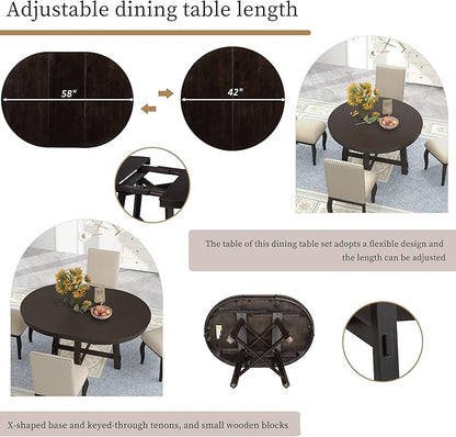 5 Pieces Dining Table Set with 43" Round Extendable Desk,Living Room Furniture W/ 4 Upholstered Curved Legs Chairs,for Restaurant,Home Bistro,Espresso