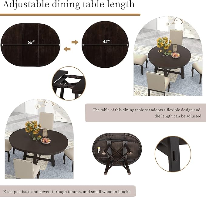 Ball & Cast 5 Piece Dining Table Set with 4 Upholstered Curved Legs Chairs,Living Room Furniture W/ 43" Round Extendable Desk,for Restaurant,Home Bistro,Espresso