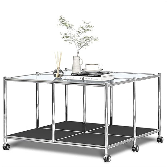 Matte Coffee Table with Open Storage, Square Tempered Glass Storage Rolling Coffee Table, Modern Design for Living Room, Meeting Room (Black)