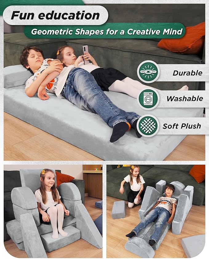 Lunix LX22 11pcs Modular Kids Play Couch, Child Sectional Sofa, Fortplay Bedroom and Playroom Furniture for Toddlers, Convertible Foam and Floor Cushion for Boys and Girls, Gray