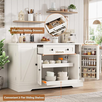 55" Buffet Cabinet with Storage, Kitchen Buffet Sideboard with Pull-Out Shelves and Drawer, Wood Farmhouse Coffee Bar Cabinet with 4 Adjustable Shelves, Kitchen Pantry for Living Room, White