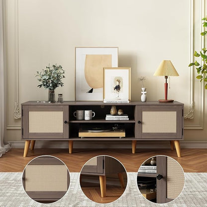 TV Stand for TVs up to 65 inches, Rattan Grain Finish Panel with 2 Storage cabinets, Modern Minimalist Style, Living Room, Audio-Visual Room for Multiple Rooms,3 Colors Available (Oak)