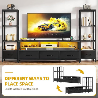 DWVO Entertainment Center with Bookshelves, LED TV Stand for 65/60 inch TV, Black TV Stand for Living Room with 2 Modern 4-Tier Bookshelves & Power Outlets, Black