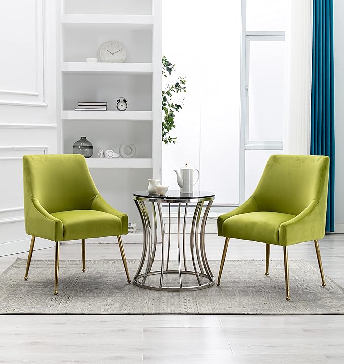 Velvet Dining Chairs Set of 2, Furniture Collection Modern Contemporary Upholstered with Polished Gold Metal Legs(Yellow Green)