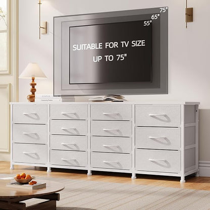 63 Inch TV Stand Dresser for Bedroom, Long White Dresser with 14 Fabric Drawers for 65 70 75 Inch TV, Entertainment Center with Storage Media TV Console Table