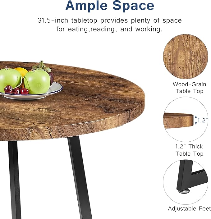 VECELO Round Dining Room Table with Wood Grain Tabletop and Steel Frame, for Kitchen, Living Room, Office, Conference, 2 to 4 Person, Antique Brown