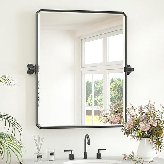 Keonjinn Pivot Mirror Bathroom, 24x30 Inch Black Tilt Mirror Bathroom for Over Sink, Matte Black Framed Mirrors for Bathrooms, Adjustable Beveled Rounded Corner Tilt Wall Mirrors, Horizontal/Vertical