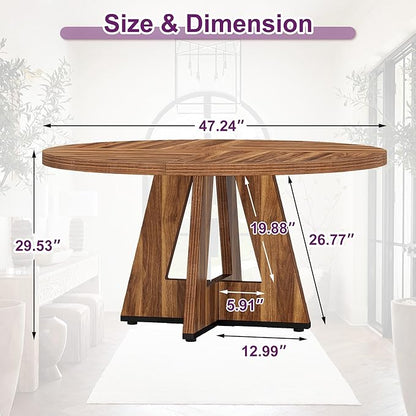 Round Dining Table for 4, 47" Wooden Kitchen Dinner Table Rustic, Farmhouse Table for Dining Room, Living Room, Brown