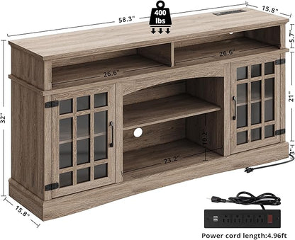 IRONCK Farmhouse TV Stand for 65 Inch TV, 32“Tall Entertainment Center with Power Outlets, Rustic TV Cabinet with Glass Door Media Console, TV Console for Living Room, Light Rustic Oak