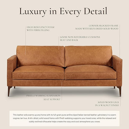 POLY & BARK Mateo Leather Sofa in Full-Grain Pure-Aniline Italian Tanned Leather in Cognac Tan