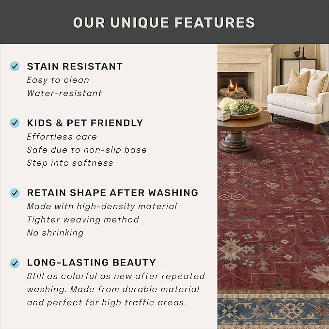 7x9 Dining Room Rugs for Under Table - Vintage Burgundy Boho Living Room Rug, Lightweight Washable Soft Floor Carpet,Southwestern Bed Room Décor Aesthetic