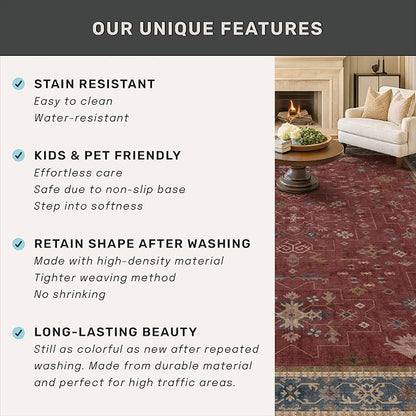 7x9 Dining Room Rugs for Under Table - Vintage Burgundy Boho Living Room Rug, Lightweight Washable Soft Floor Carpet,Southwestern Bed Room Décor Aesthetic