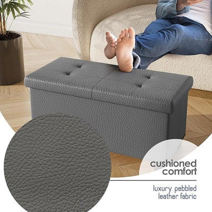 STORAGEBUD Storage Ottoman Bench with Bins, 30-in Storage Bench for Bedroom End of Bed, Folding Foot Rest Ottoman for Living Room Max 660lbs, Faux Leather Ottomans, Grey