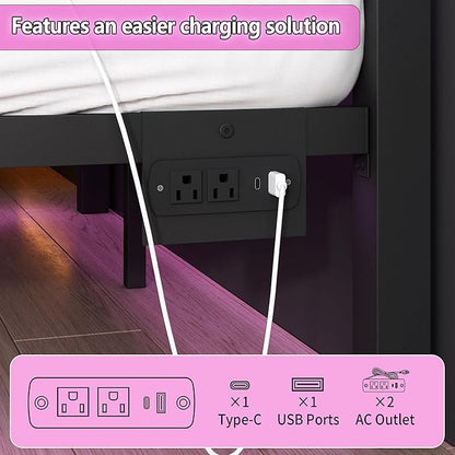 Full Size Bed Frame with Headboard and Footboard,Steel Slats Support-LED Bed Frame with USB Charging Station,Mattress Foundation-Under Bed Storage, No Box Spring Needed,Noise Free,Black