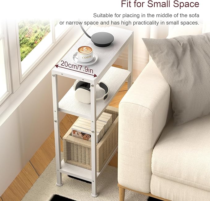 Narrow Side Table for Small Space, 3-Tier Small End Table with Shelf Holder, Slim Nightstand, Skinny Snack Couch Table in Living Room, Bedroom, Study, Kitchen and Balcony (White)