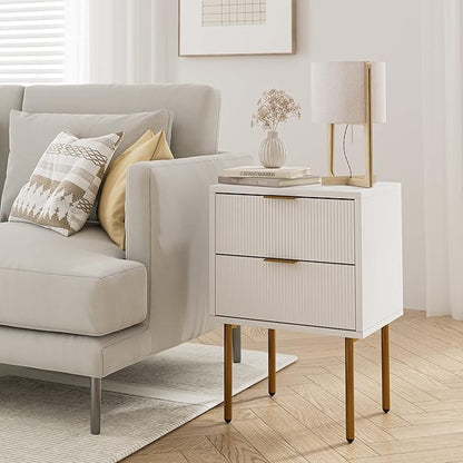 Masupu Nightstand,Mid-Century Modern Bedside Table with 2 Storage Drawer,Small Gold Frame Side End Table for Bedroom,Living Room, White