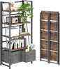 4NM No Assembly Folding Bookshelf, 5-Shelf 62.2" H Collapsible Foldable Bookcase Storage for Small Spaces, Rustic Brown and Black