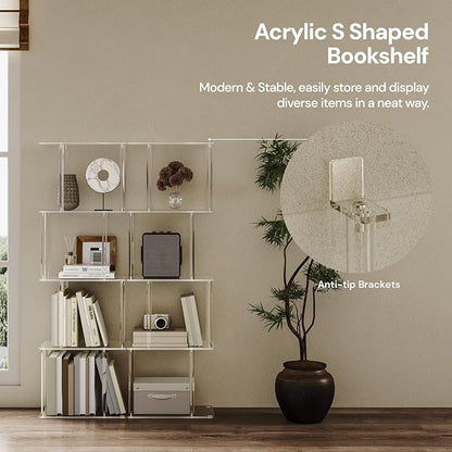 Acrylic Geometric Bookshelf for Small Spaces, 5-Tier Clear S Shaped Bookcase, Modern Open Book Shelf for Living Room, Bedroom, Office, 9.3" D x 15.6" W x 48.8" H, Easy Assembly