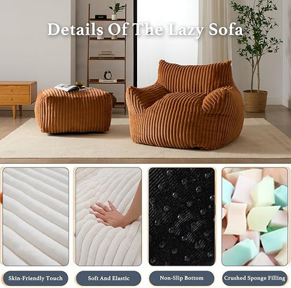 Oversized Bean Bag Chaise Lounge Chair Indoor for Adults with Armrests & Ottoman - Giant Comfy Orange Beanbag Floor Sofa Cloud Accent Chair for Reading, Gaming, Cozy Plush Cloud Mini Couch