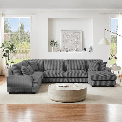 129" Oversized U Shaped Modular Sectional Sofa Couch for Living Room 7 Seater Plush Corduroy Upholstered Large Sofa Deep Seat Cloud Couch with Extra Wide Chaise Lounge and Detachable Thick Cushions