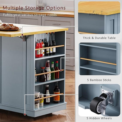 YOTPO 53" Large Kitchen Island with Drop Leaf,Power Outlet & Door Internal Storage Rack,Rolling Kitchen Cart on 5 Wheels W/ 5 Open Side Racks for Kitchen,Dining Room,Grey Blue(Not Include bar stools)