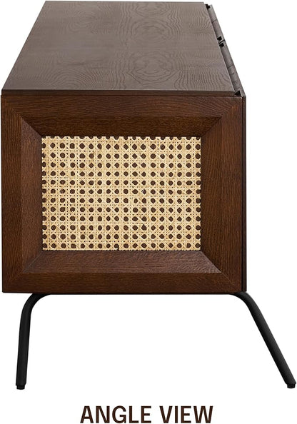 NTC Mossic TV Media Cabinet with 4 Doors for TVs, Entertainment Center with Natural Rattan, Metal Legs, Modern Storage Console for Living Room and Bedroom, Effortless Assembly, Dark Walnut