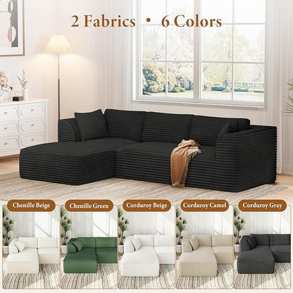 Vesgantti 106" Boneless Couch with Chaise, Deep Seat Comfy Cloud Modular Sofa Corduroy Memory Foam Sectional Couches for Living Room Bedroom, No Assembly Required (Black, Left-Facing Chaise)