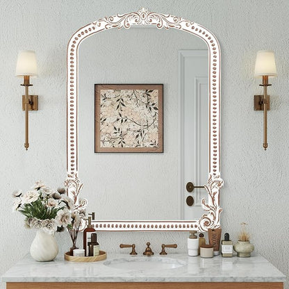 25x35 Inch Baroque Arched Wall Mirror Wooden, Rustic Farmhouse Decorative Mirrors for Fireplace, Entryway, Living Room, Bedroom, Bathroom