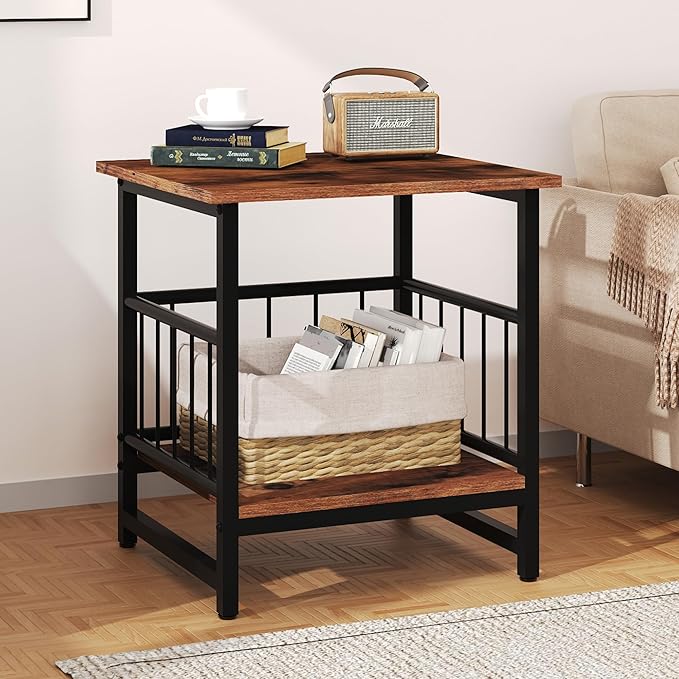 Industrial Night Stand, 18” Square Side Table with Open Storage Shelf, Bedside End Table for Bedroom, Heavy Duty Stand for Mini Fridge for Dorm, Kitchen Room, Rustic Brown