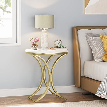 LITTLE TREE Side Table Round End Table Modern Small Accent Table Bedside Table Round Nightstand with Gold Metal Frame and Faux Marble Veneer Engineered Wood for Living Room, White Gold